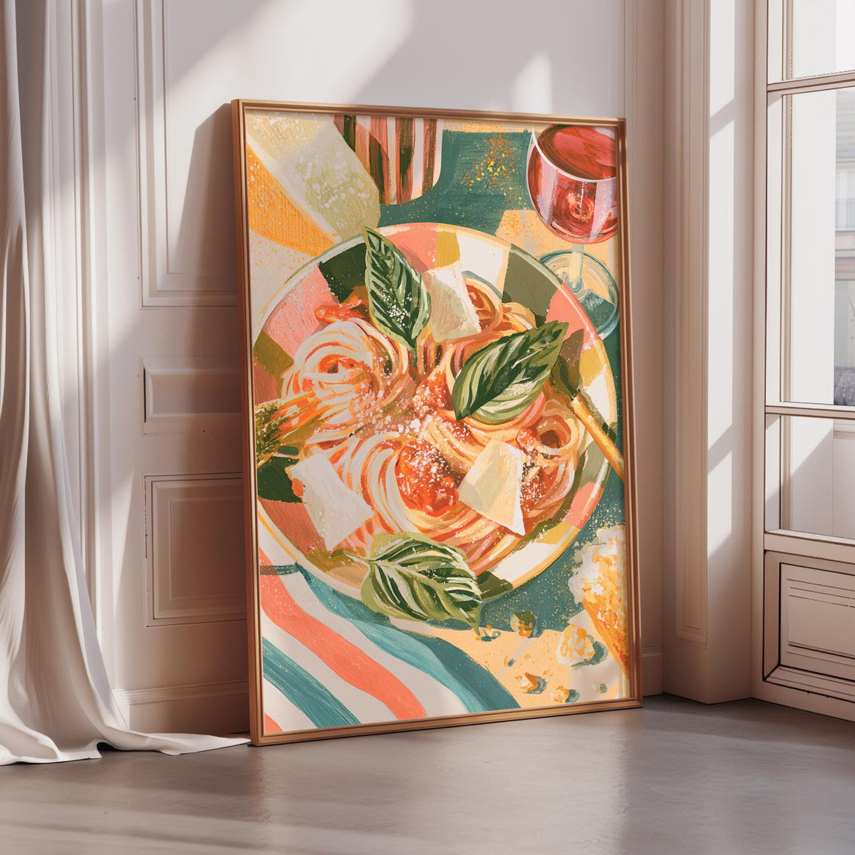 a vibrant and colorful painting of a plate of food, including pasta, vegetables, and a glass of wine, set against a white wall.
