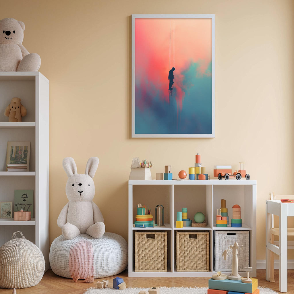 A cozy children's room with a white rabbit sitting on a bean bag chair, surrounded by shelves filled with toys and books. A framed artwork depicting a person climbing a ladder is displayed on the wall above the shelves.