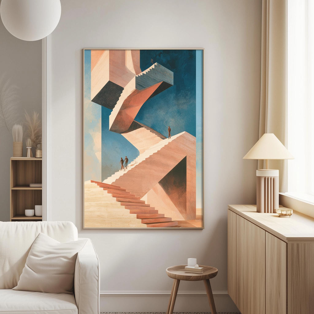 a large abstract painting hanging on a wall in a living room.