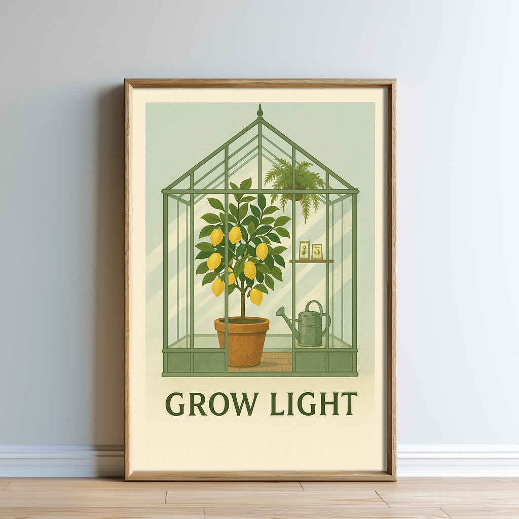 The image is a framed poster with a green glasshouse containing a lemon tree and a watering can, accompanied by the text "GROW LIGHT" below the illustration.