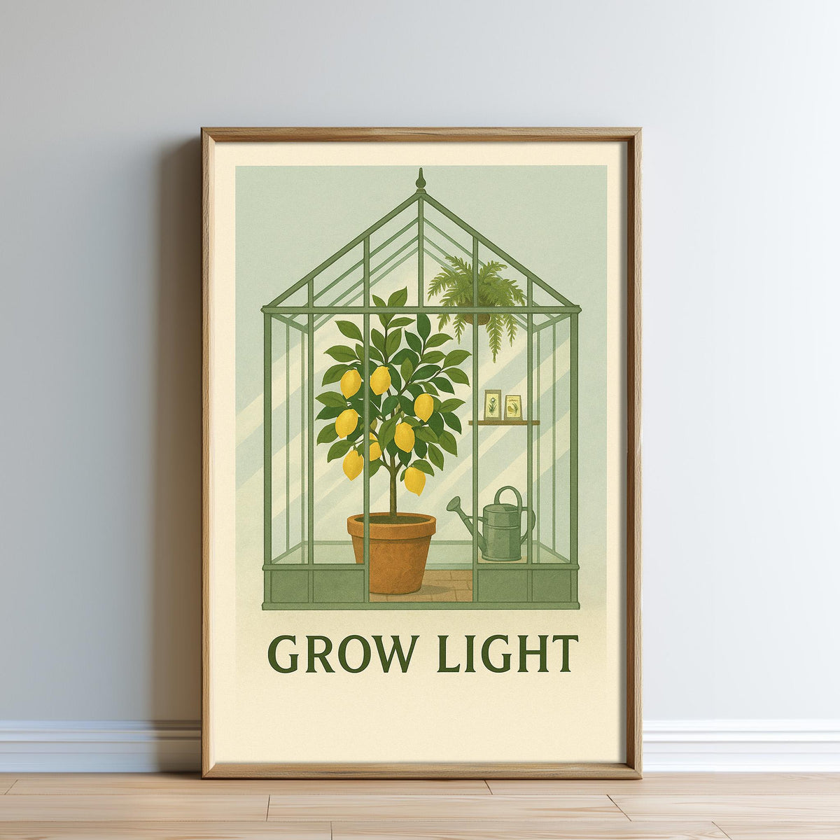 The image is a framed poster with a green glasshouse containing a lemon tree and a watering can, accompanied by the text "GROW LIGHT" below the illustration.