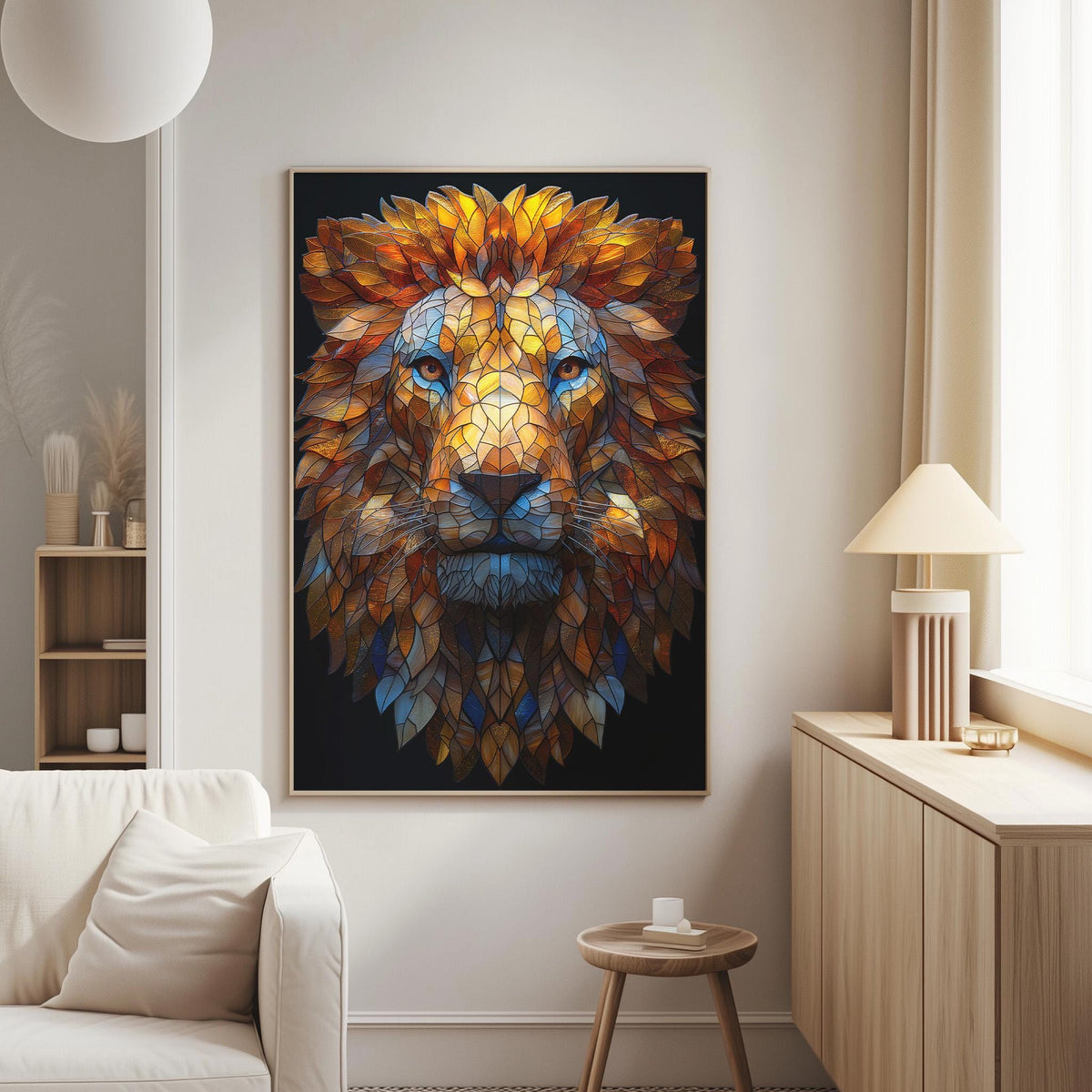 a large, colorful painting of a lion's head hanging on the wall of a living room.