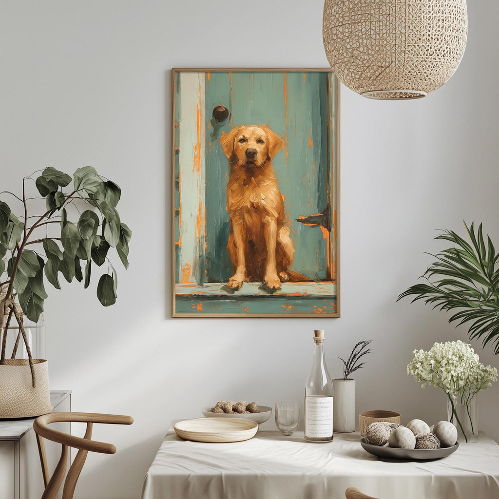 a framed painting of a golden retriever dog sitting on a blue door, hanging on a white wall above a dining table with various decorative items and plants.