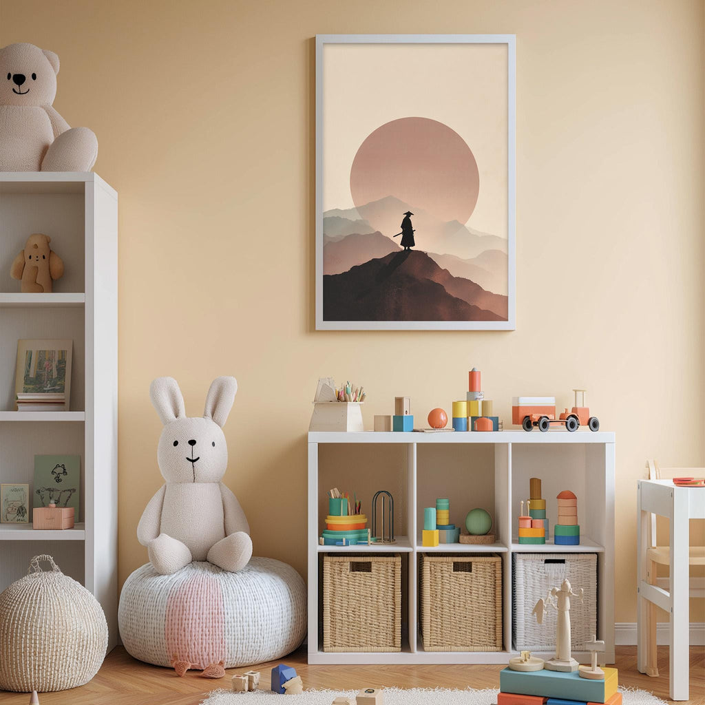 A cozy children's room with a large stuffed rabbit, a bookshelf, and a toy storage unit filled with toys. The room has a warm, inviting atmosphere with a framed picture of a mountain landscape on the wall.