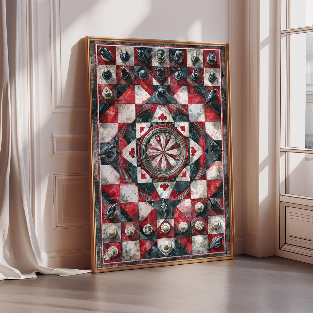 a large, ornate, and colorful painting of a pinball machine, which is displayed on a wall in a room.