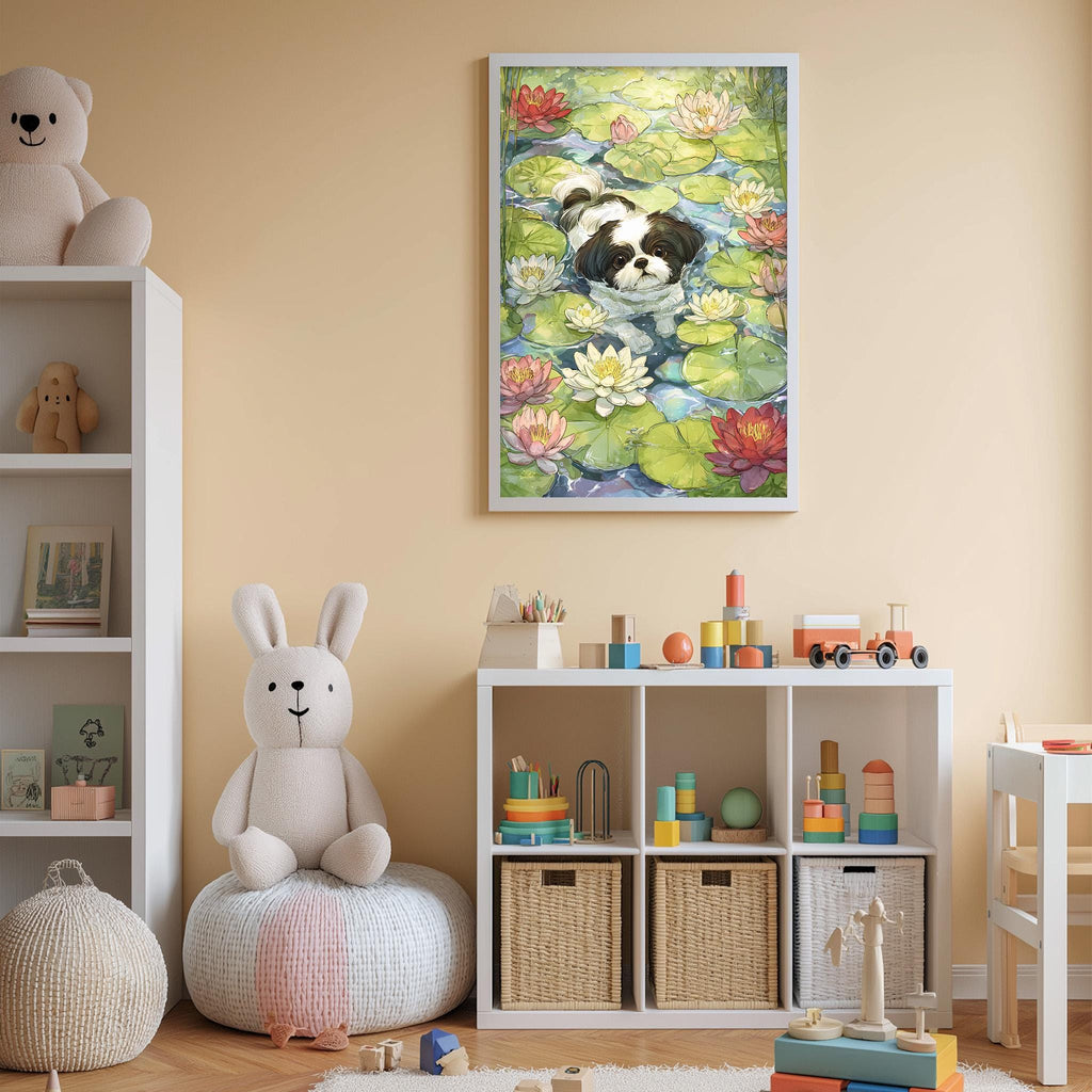 A child's bedroom with a white bookshelf, a stuffed rabbit, and a framed painting of a panda bear in a pond surrounded by flowers.
