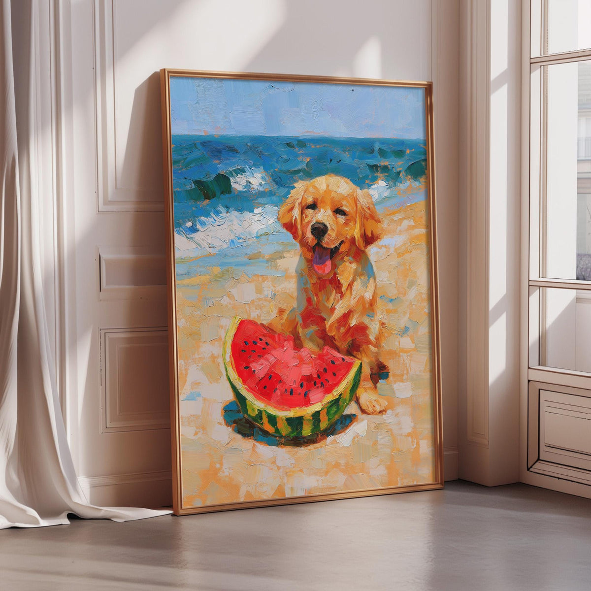 A framed painting depicting a golden retriever dog sitting on a beach, holding a slice of watermelon.