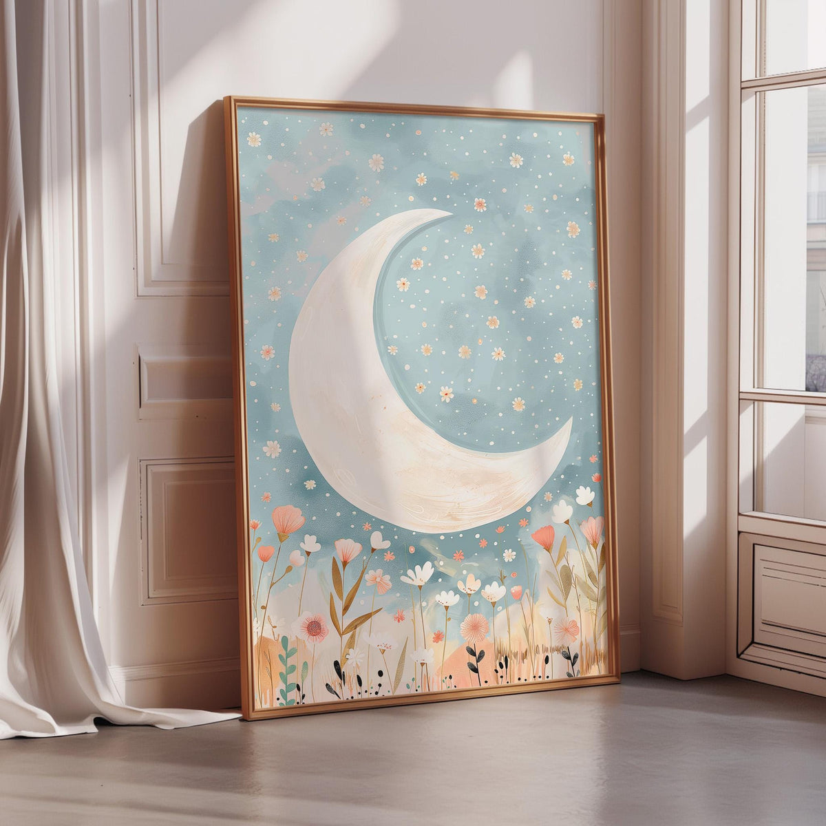 A framed poster depicting a crescent moon surrounded by a night sky filled with stars and flowers.