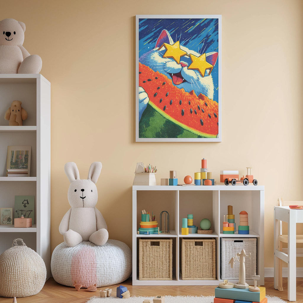 A child's bedroom with a white bookshelf, a stuffed rabbit, a colorful poster of a cat with a watermelon slice, and various toys and storage bins.