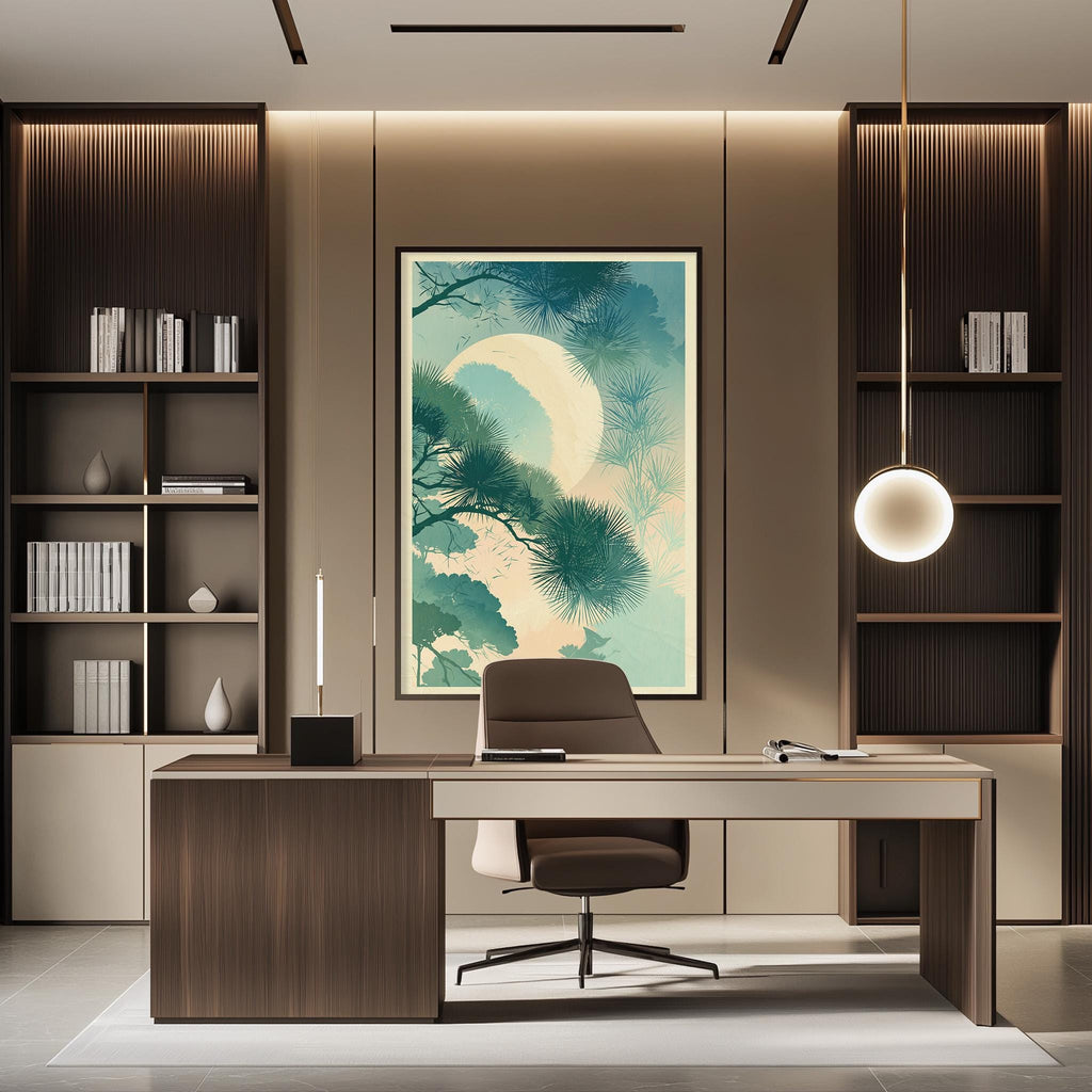 a modern and minimalist office space with a large framed artwork of a tree on the wall, a wooden desk with a chair, and built-in bookshelves.