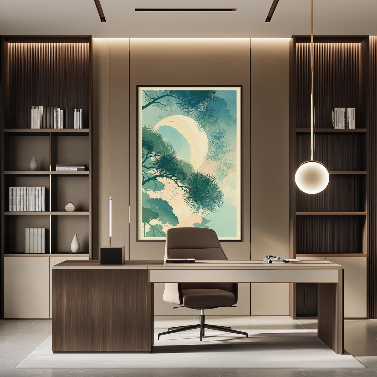 a modern and minimalist office space with a large framed artwork of a tree on the wall, a wooden desk with a chair, and built-in bookshelves.