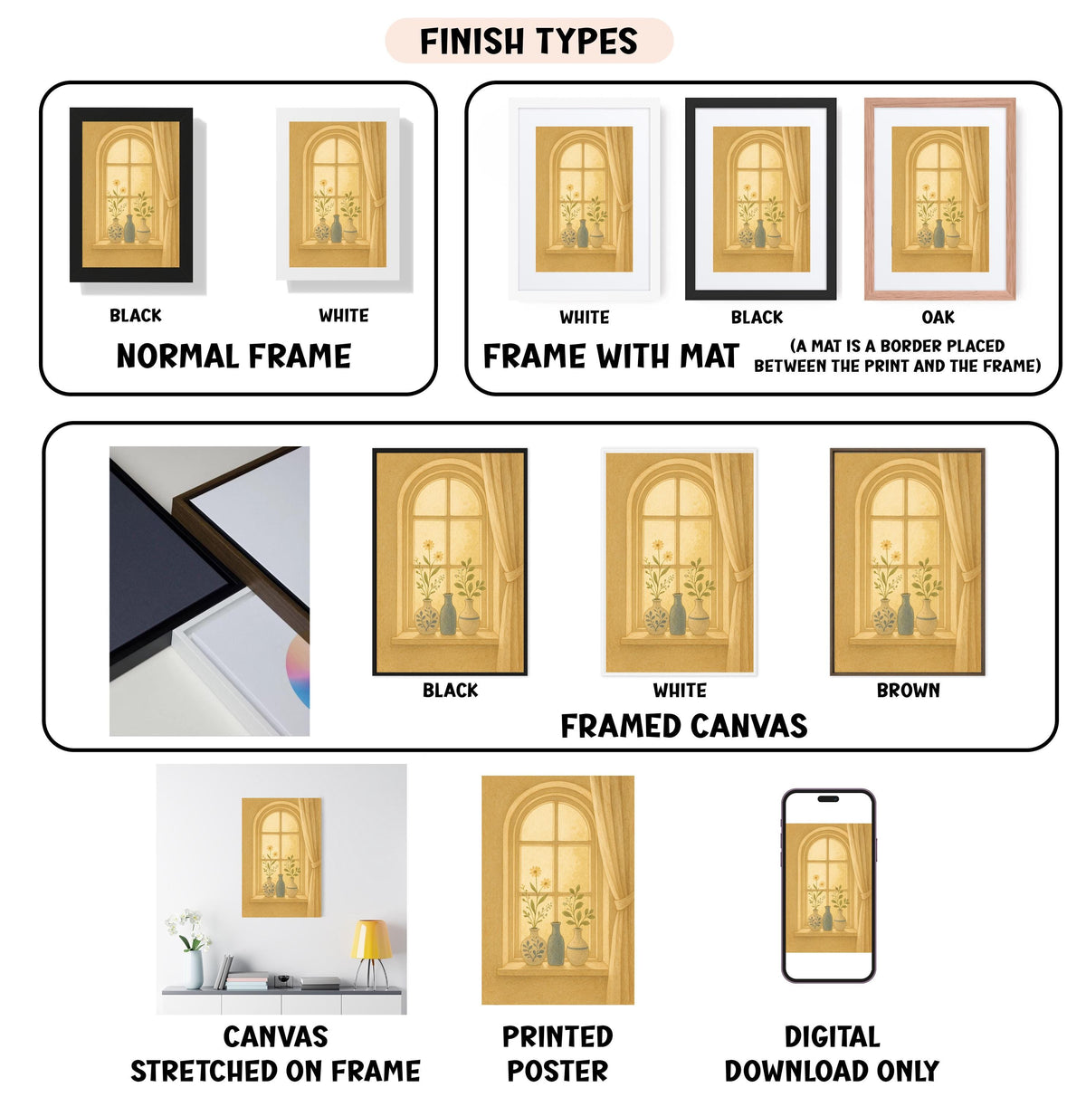 various finish types for artwork, including canvas, framed canvas, stretched canvas, printed poster, and digital download only.