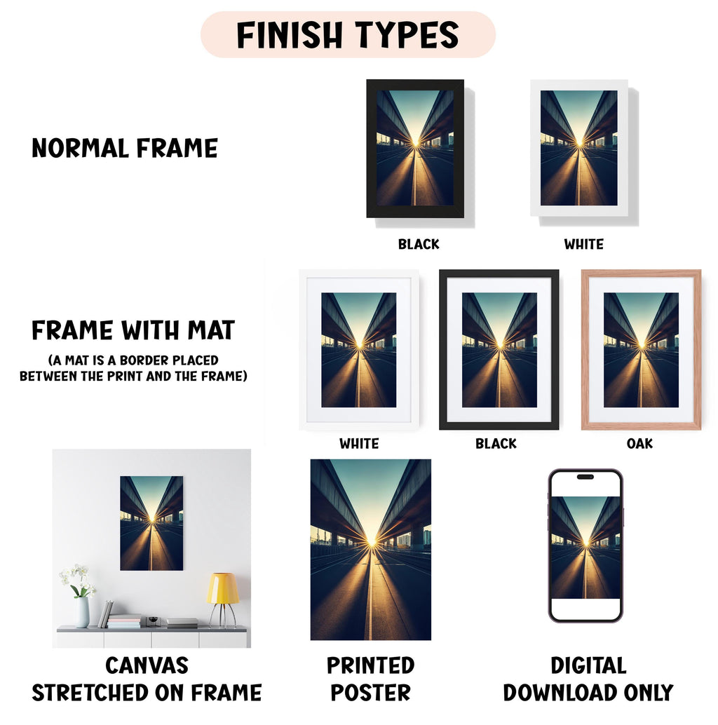 various types of artwork, including a normal frame, a frame with a mat, a white frame, a black frame, an oak frame, a white canvas stretched on a frame, a printed poster, and a digital download only.