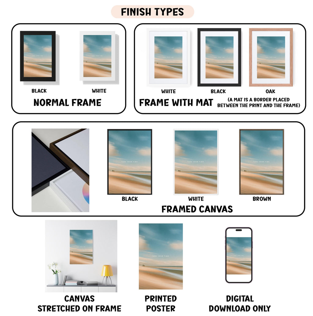 various finish types for canvas and framed canvas art, including black, white, black, white, black, white, black, white, black, white, black, white, black, white, black, white, black, white, brown, and digital download only.
