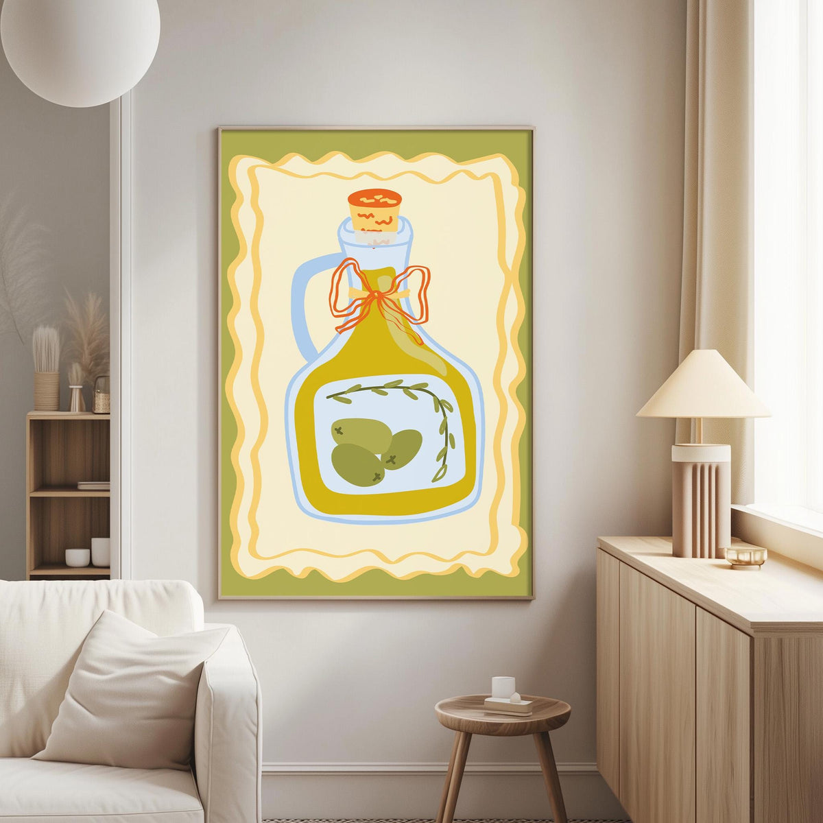 a cozy living room with a large, colorful painting of a bottle of olive oil hanging on the wall. The painting is surrounded by a decorative border and has a green and yellow color scheme. The room also includes a white couch, a wooden side table, and a lamp, creating a warm and inviting atmosphere.