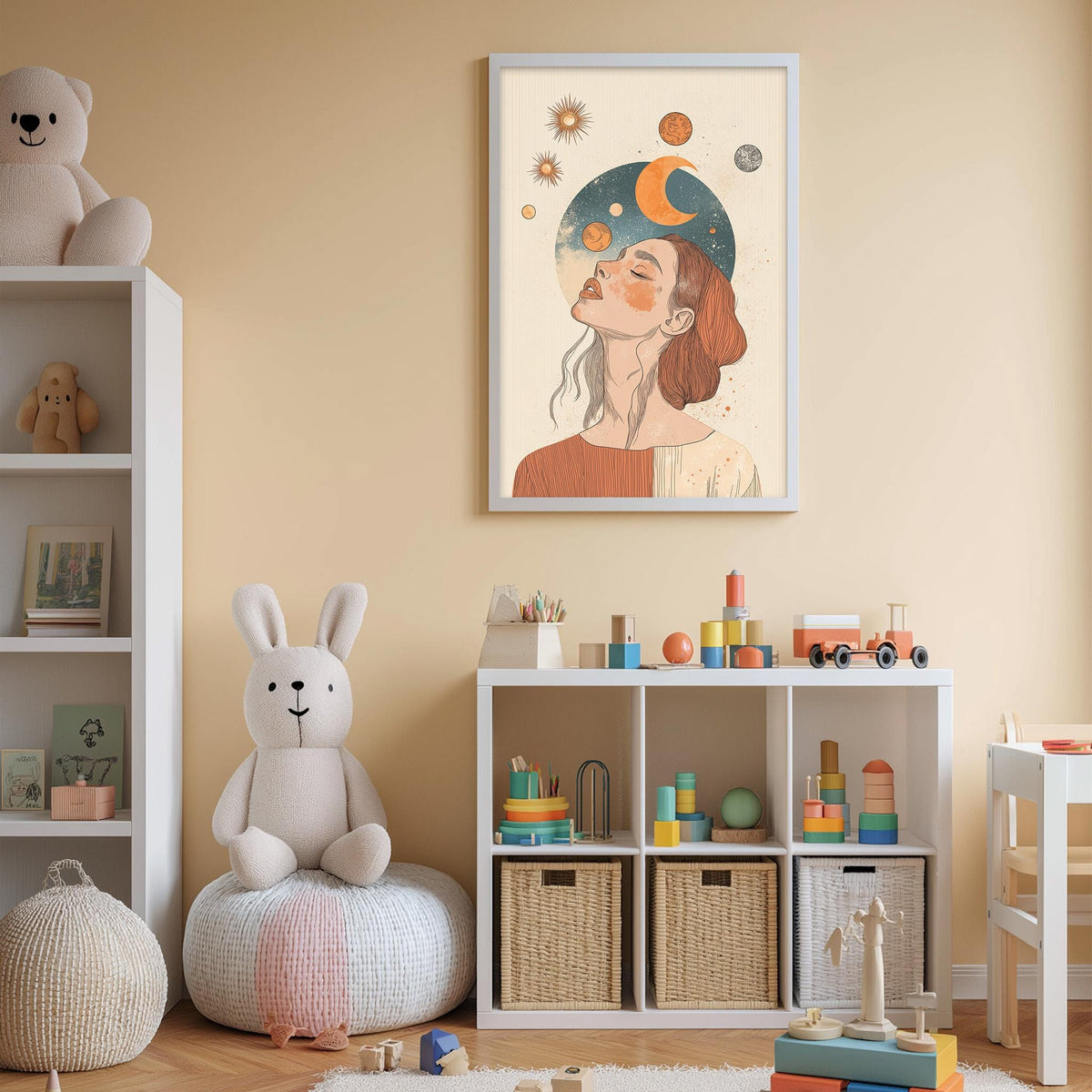 a cozy and colorful children's bedroom with a large stuffed rabbit, a bookshelf filled with toys, and a framed artwork of a woman with a crescent moon and stars above her head.