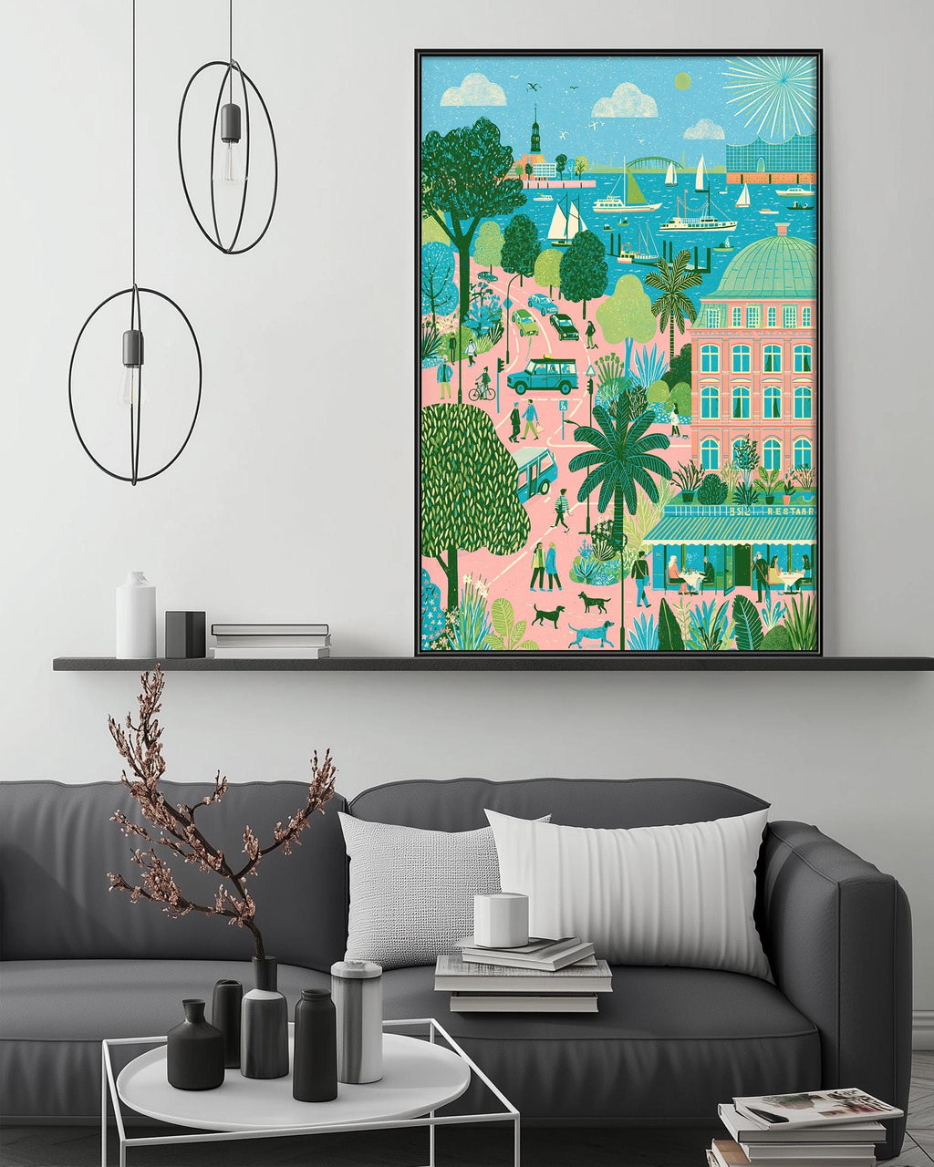 a large, colorful painting of a tropical city scene hanging on a wall above a gray couch in a living room setting.