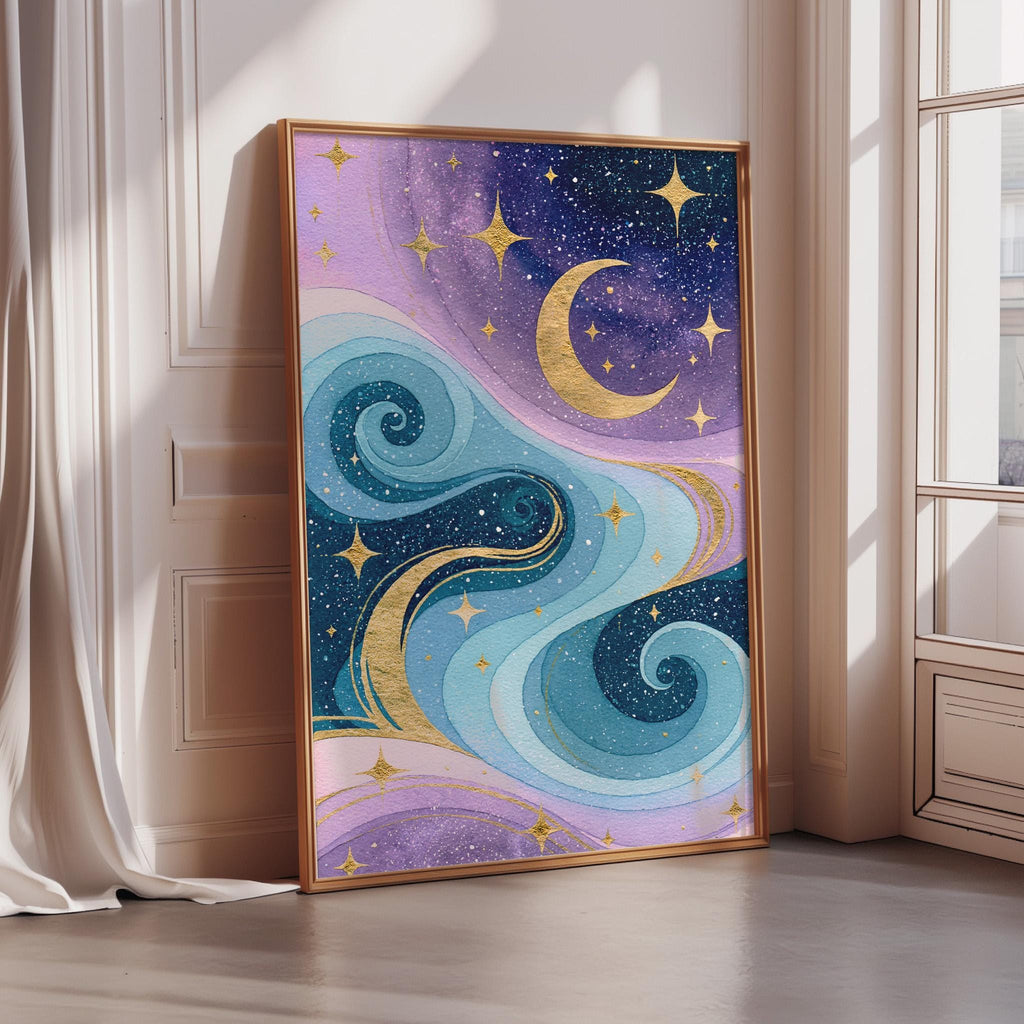 a large, colorful painting of a night sky with swirling clouds and stars, including a crescent moon and golden stars.