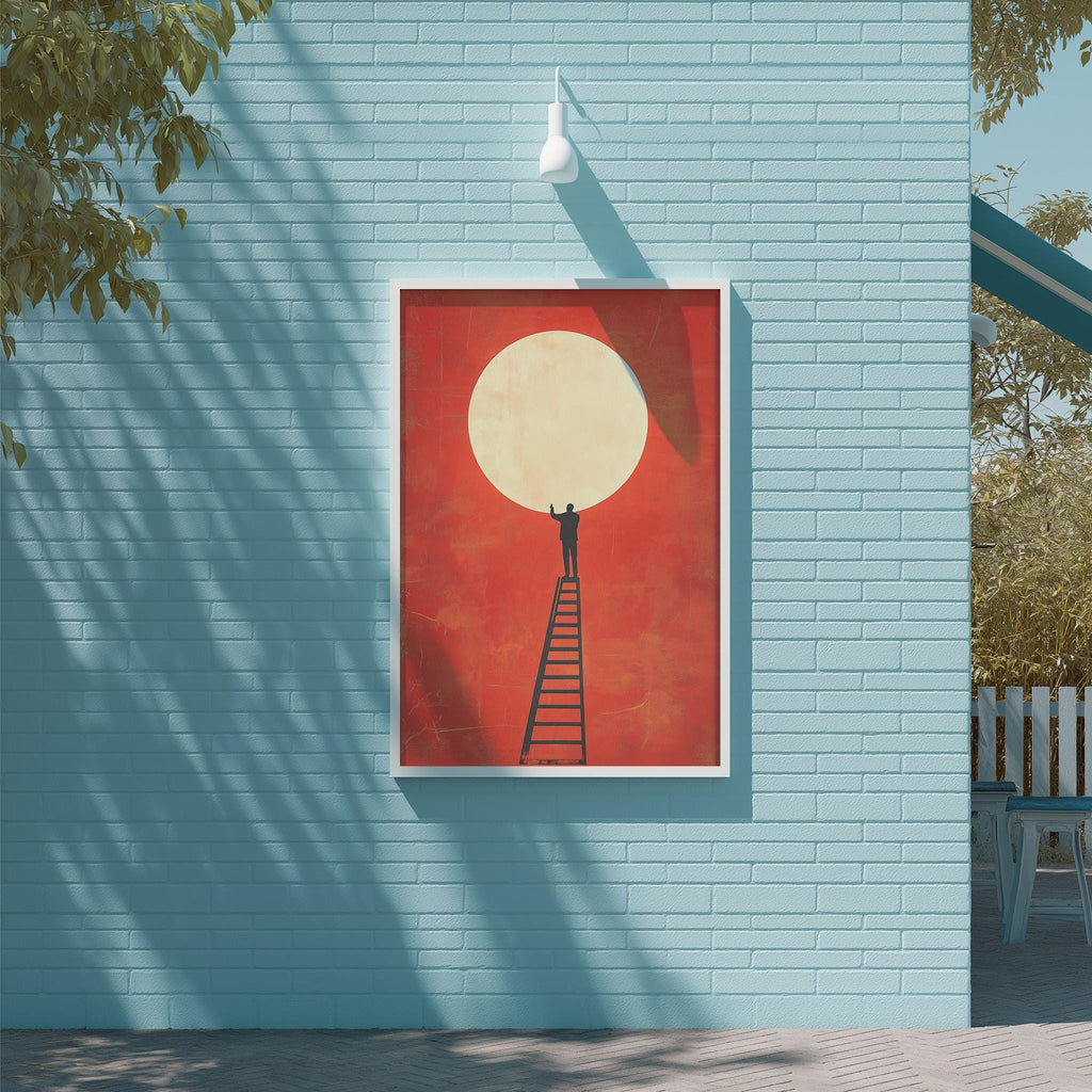 a large, framed painting of a man standing on a ladder, reaching up towards a large, red circle in the sky. The painting is mounted on a blue wall, and there is a white light fixture above it.