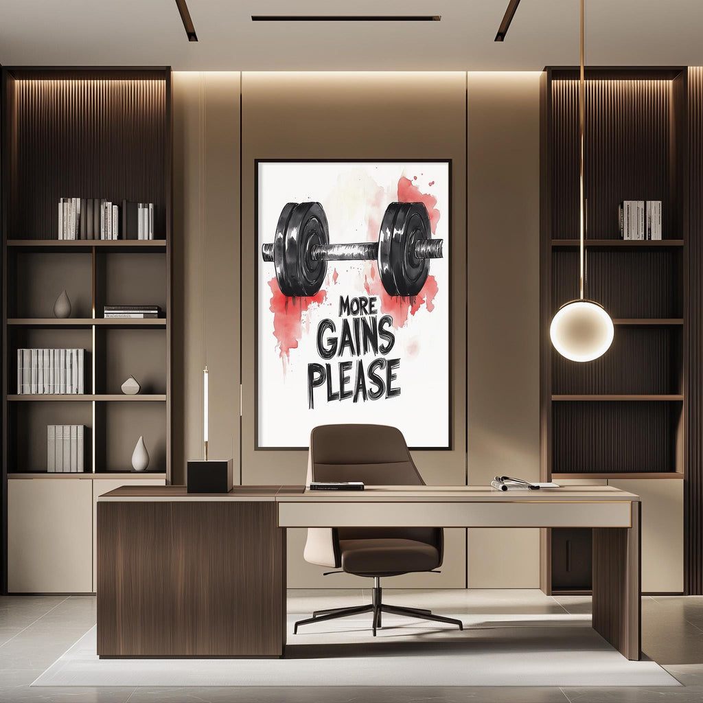 a modern office space with a large poster on the wall that says "MORE GAINS PLEASE". The office has a wooden desk, a chair, and a bookshelf. There are also several books and decorative items on the bookshelf.