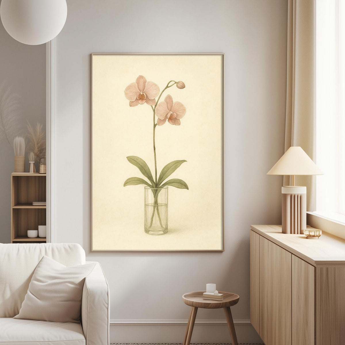 a living room with a white sofa, a wooden side table, and a framed picture of a pink orchid plant hanging on the wall.