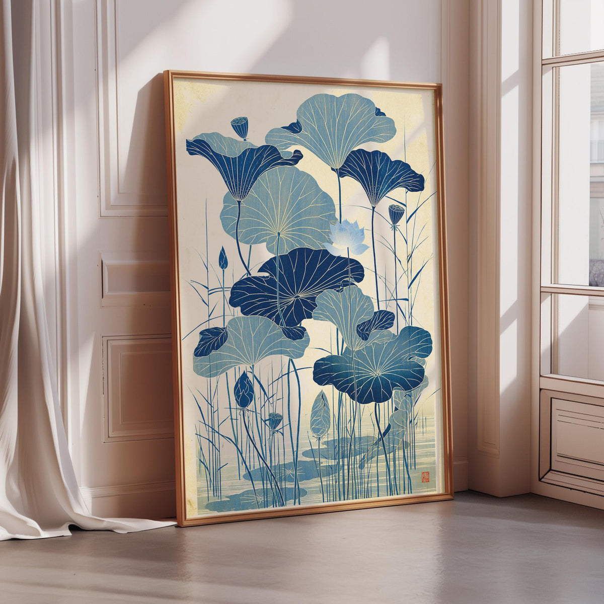 a large framed artwork depicting a serene scene of blue lotus flowers in a pond, with a wooden frame and a light beige background.