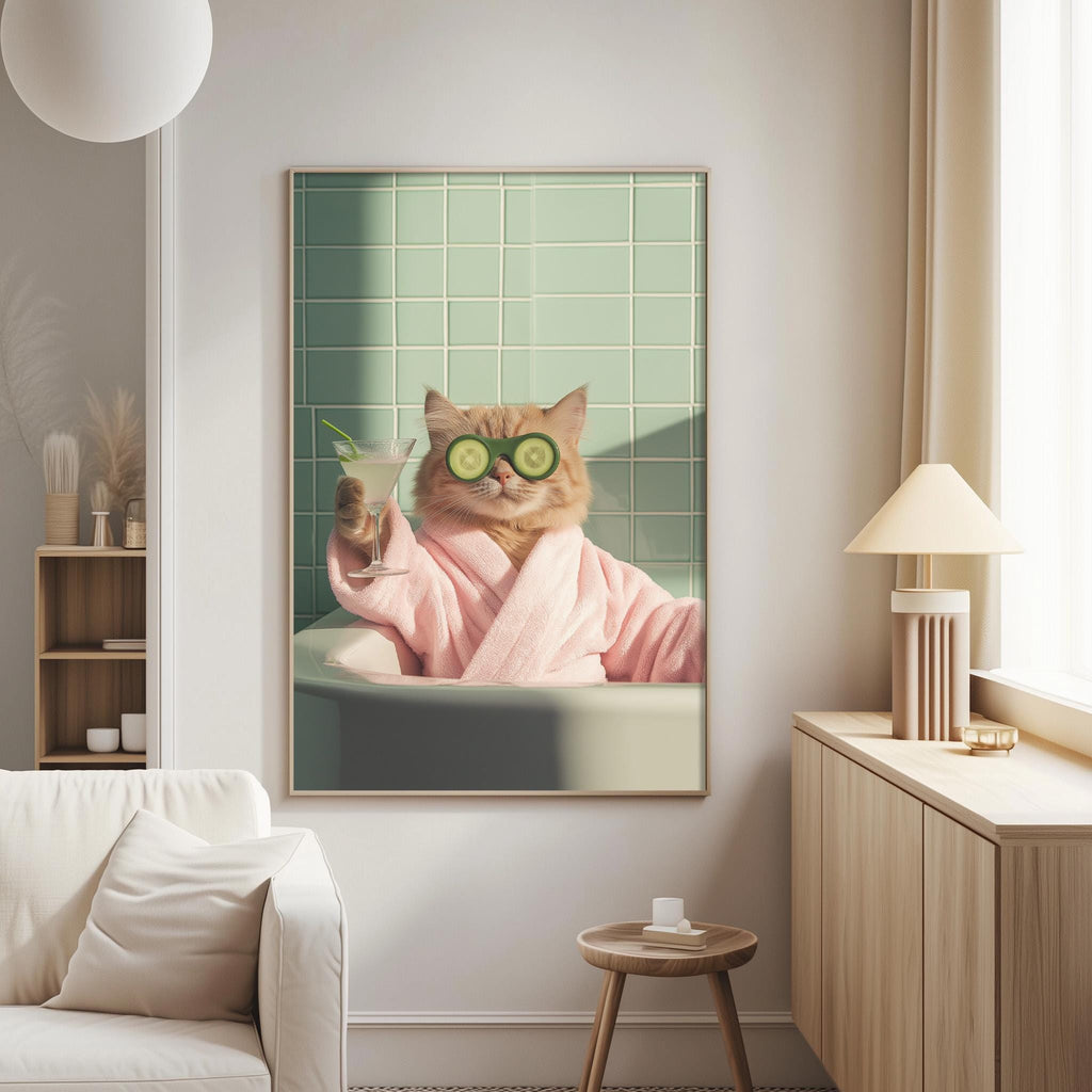 A cat wearing a pink bathrobe and green cucumber slices is sitting in a bathtub, holding a drink, in a cozy living room setting.