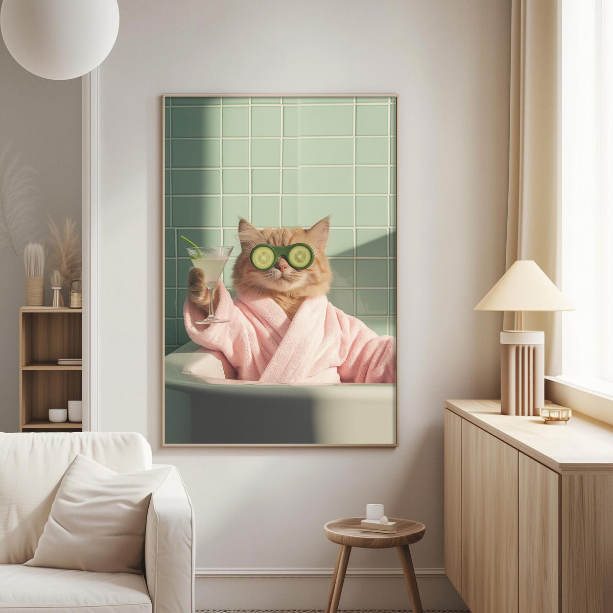 A cat wearing a pink bathrobe and green cucumber slices is sitting in a bathtub, holding a drink, in a cozy living room setting.