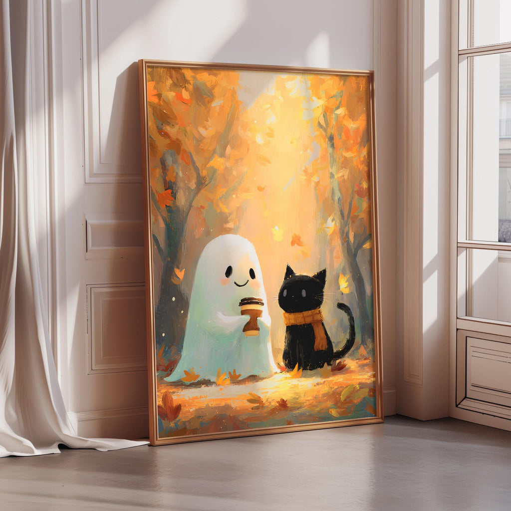 a painting of a ghost and a black cat sitting together in a forest setting, surrounded by autumn leaves.