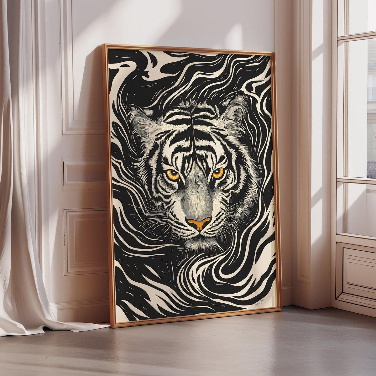 A framed poster of a tiger's face with a striking black and white striped pattern.