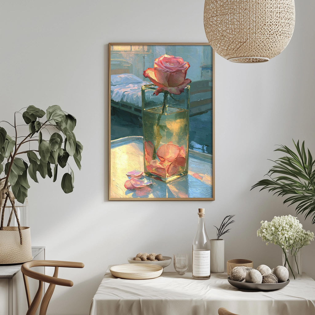 a framed painting of a pink rose in a glass vase, hanging on a wall above a table with various decorative items and plants.