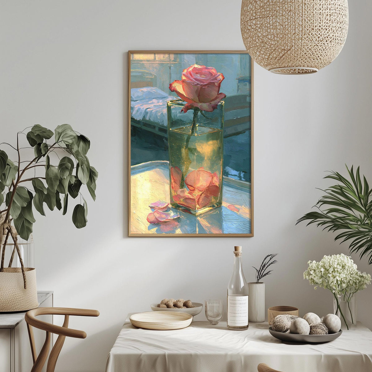 a framed painting of a pink rose in a glass vase, hanging on a wall above a table with various decorative items and plants.