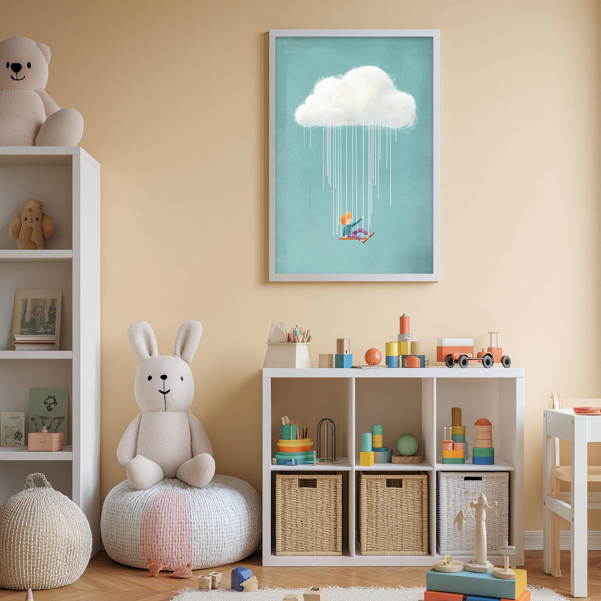 A cozy children's room with a white bookshelf, a plush rabbit, and a colorful toy box filled with toys. Above the bookshelf, there is a framed picture of a child riding a skateboard through a rainstorm, with a cloud above them.
