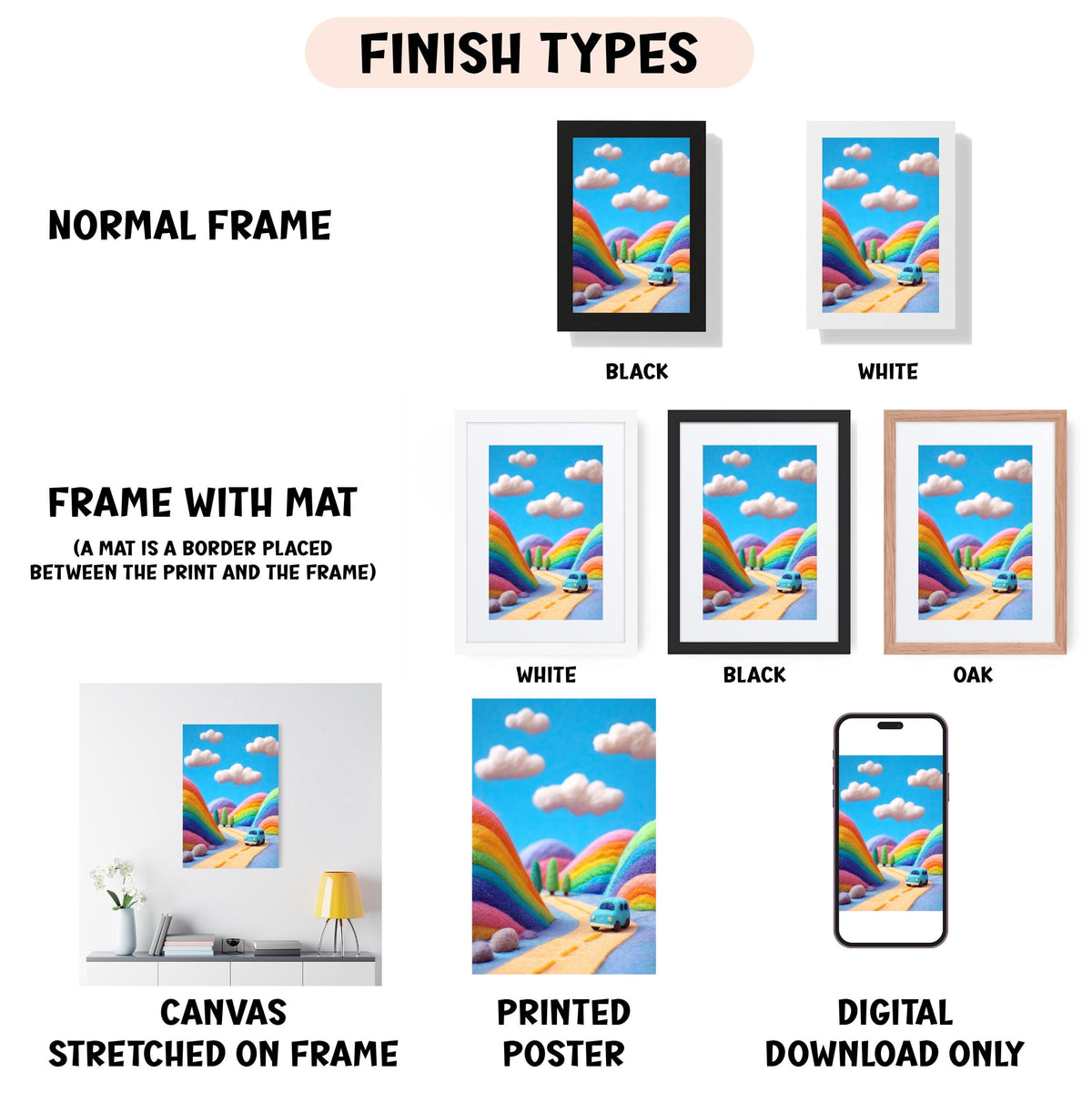 various types of artwork, including a canvas stretched on a frame, a framed poster, and a digital poster. The artwork is presented in different frame colors and styles, such as a normal frame, a black frame, a white frame, and an oak frame. The artwork is also described as a canvas stretched on a frame, a printed poster, and a digital download only.