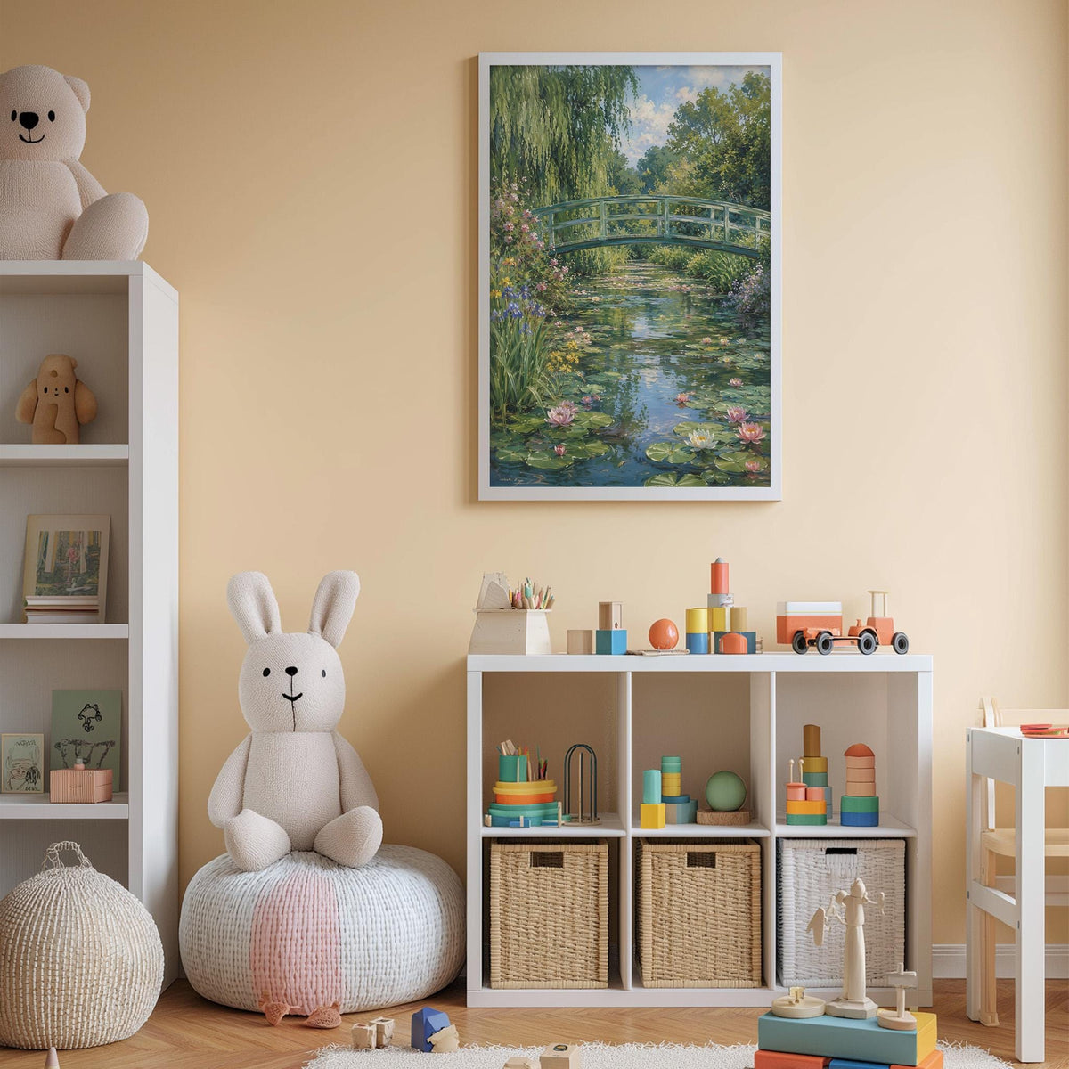 A cozy children's room with a large stuffed bunny, a bookshelf, and a toy storage unit. The room has a warm, inviting atmosphere with a painting of a bridge over a pond hanging on the wall.
