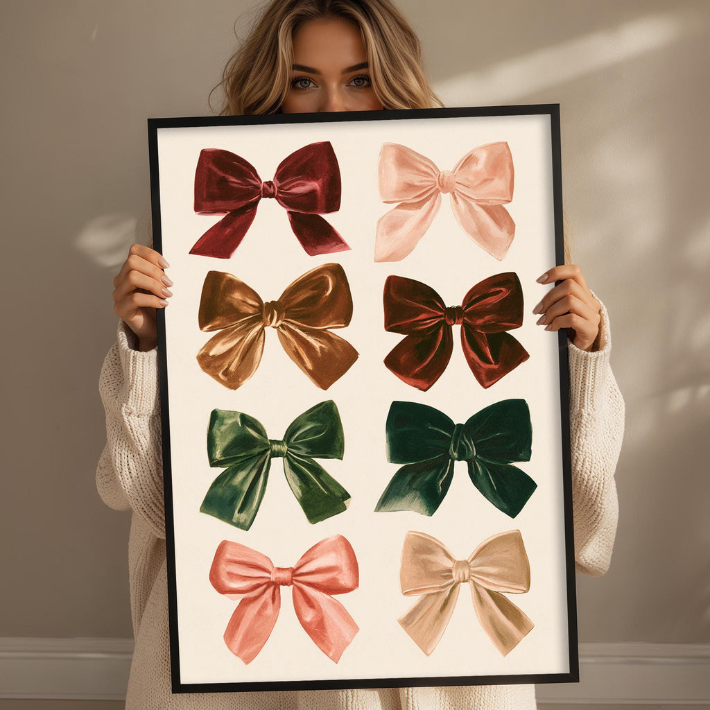 A woman is holding up a framed collage of various bow designs, showcasing a range of colors and styles.