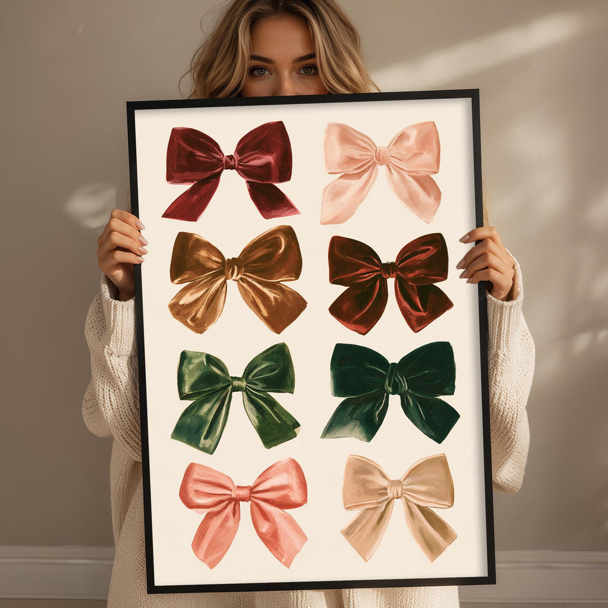 A woman is holding up a framed collage of various bow designs, showcasing a range of colors and styles.