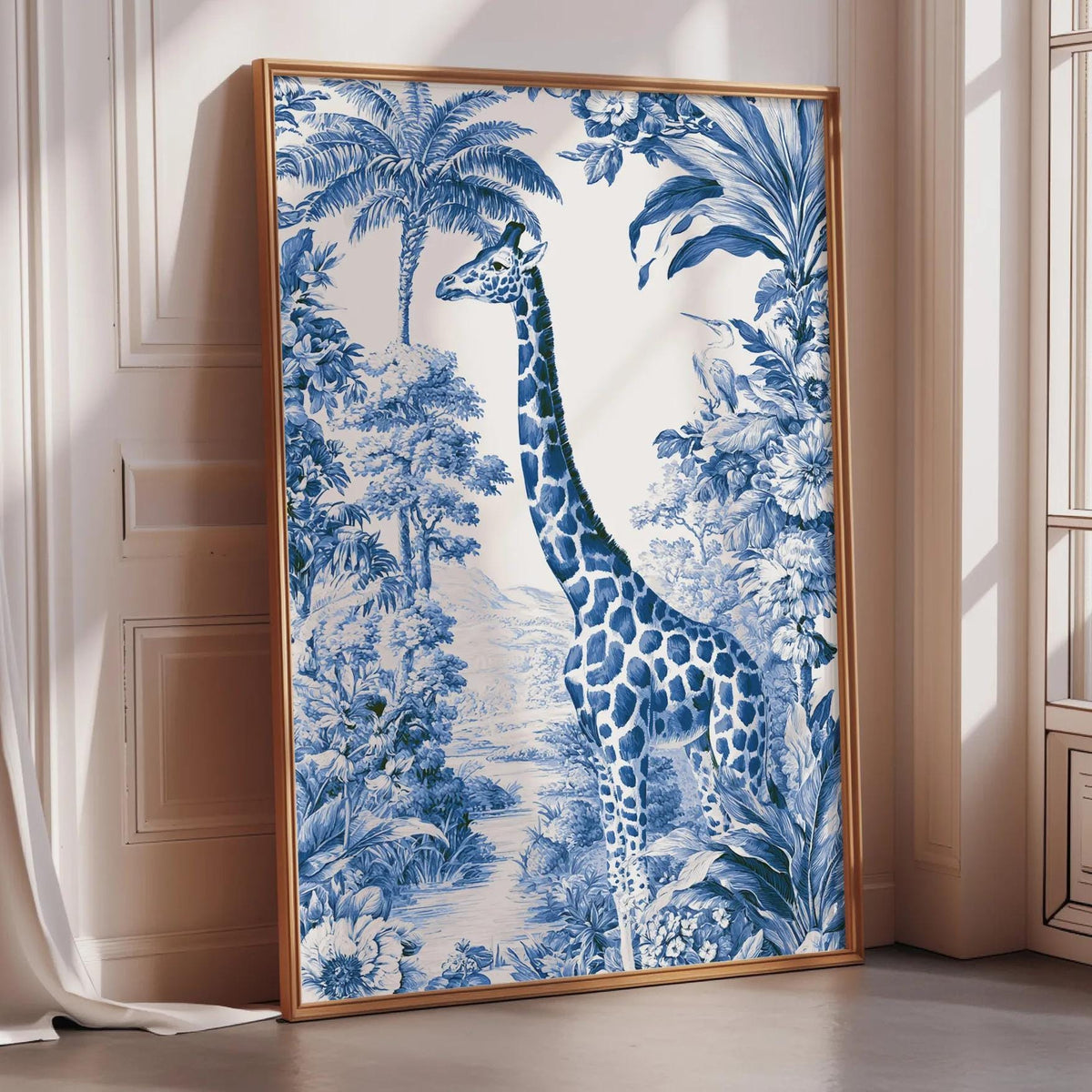 a large framed painting of a giraffe in a tropical jungle setting, with blue and white floral patterns.