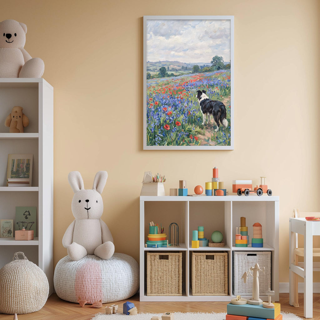 A cozy children's room with a large stuffed bunny, a bookshelf, and a toy chest filled with toys. A framed painting of a field with a dog is displayed on the wall above the toy chest.