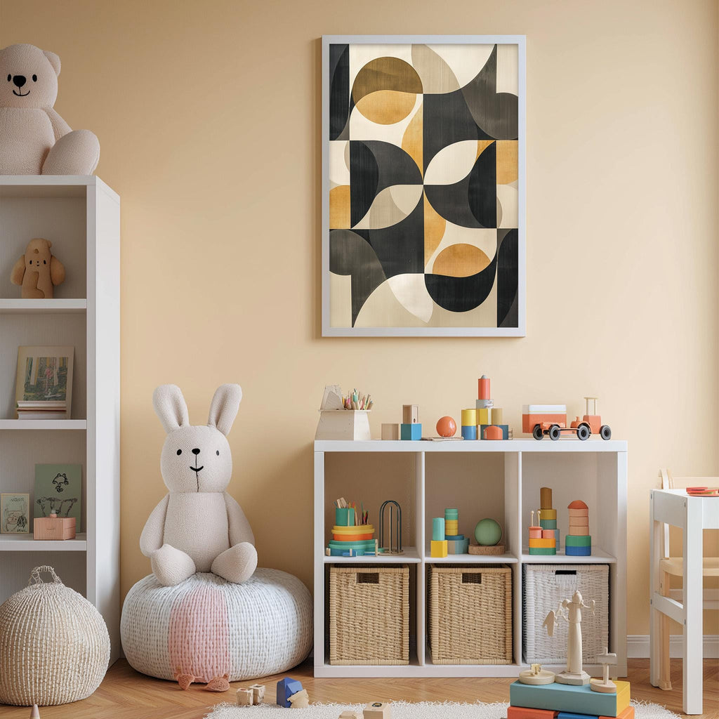 A cozy and colorful children's playroom with a large abstract painting on the wall, a white bookshelf filled with toys, and a plush rabbit sitting on a bean bag chair.