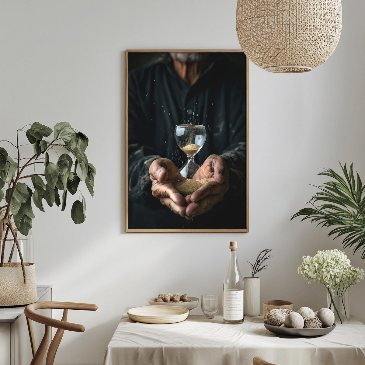 a person holding a glass of wine, with a framed photograph of a person's hands holding a wine glass hanging on the wall above a table with various items on it.