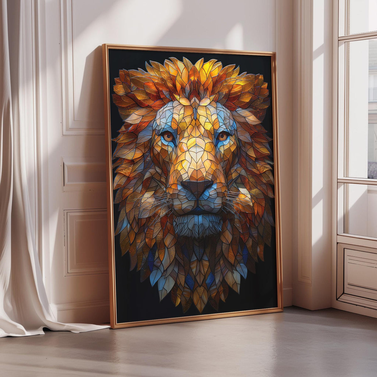 a large, colorful painting of a lion's head, which is displayed on a wall in a room.