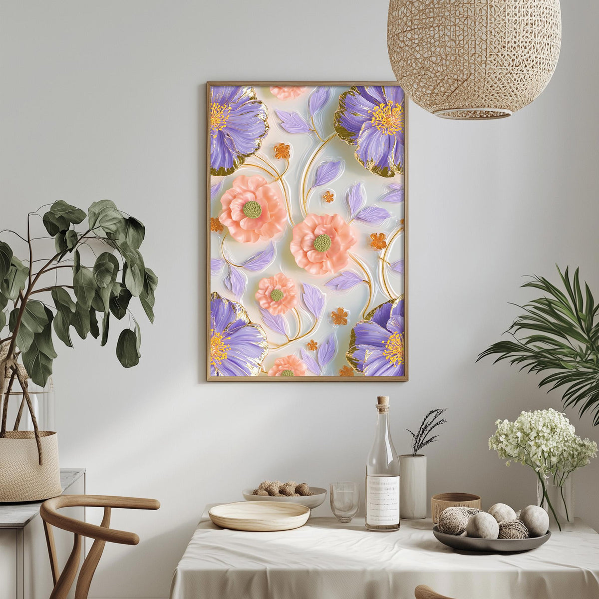 a dining table with a white tablecloth, a bowl of fruit, a bottle, and a vase with flowers. Above the table, there is a framed picture of a floral design in shades of purple and orange.