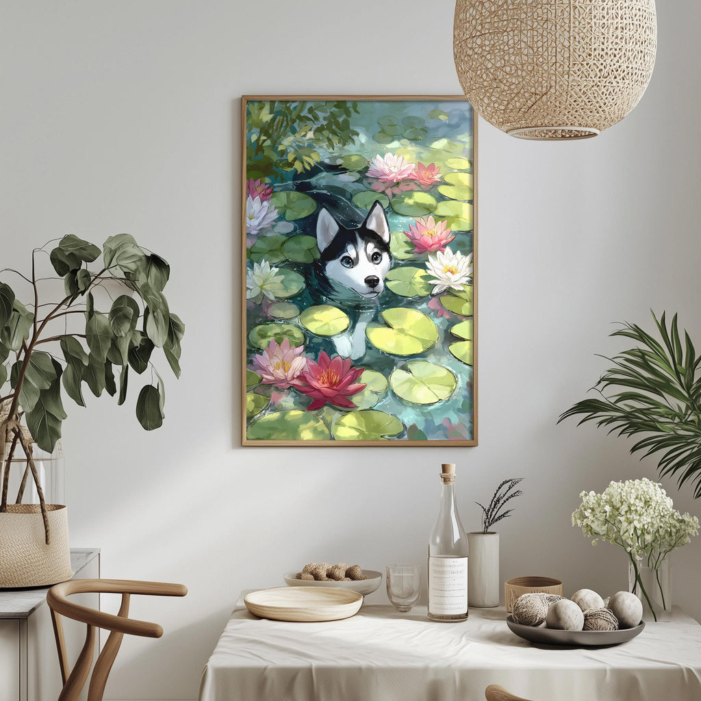 a framed painting of a husky dog swimming in a pond filled with lily pads, surrounded by a variety of colorful flowers. The painting is hung on a wall above a dining table with various decorative items, including potted plants, vases, and bowls.