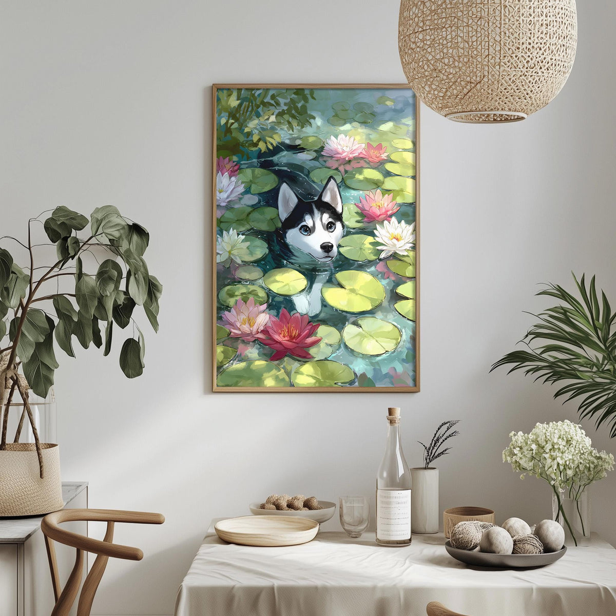 a framed painting of a husky dog swimming in a pond filled with lily pads, surrounded by a variety of colorful flowers. The painting is hung on a wall above a dining table with various decorative items, including potted plants, vases, and bowls.
