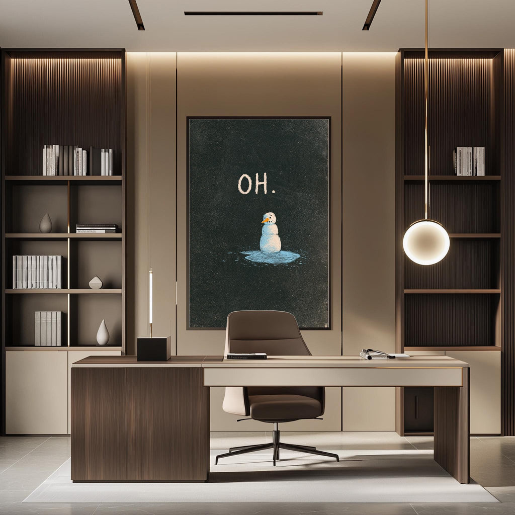 a modern and well-organized office space with a large blackboard featuring a cartoon penguin and the word "OH." The office has a wooden desk, a comfortable chair, and a bookshelf filled with books. The overall design and layout of the space create a professional and inviting atmosphere.