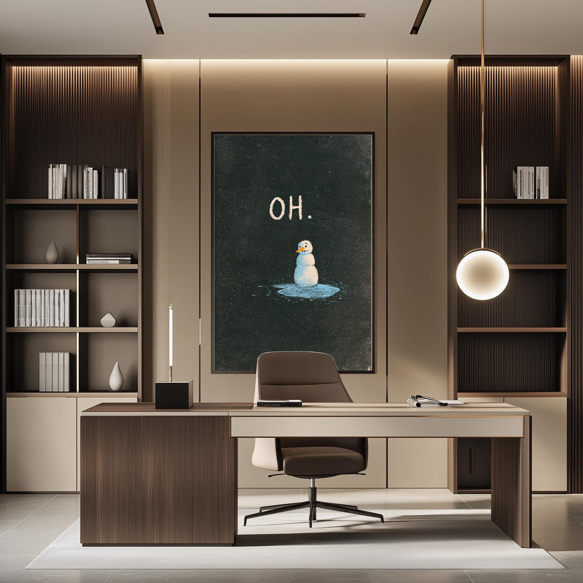 a modern and well-organized office space with a large blackboard featuring a cartoon penguin and the word "OH." The office has a wooden desk, a comfortable chair, and a bookshelf filled with books. The overall design and layout of the space create a professional and inviting atmosphere.