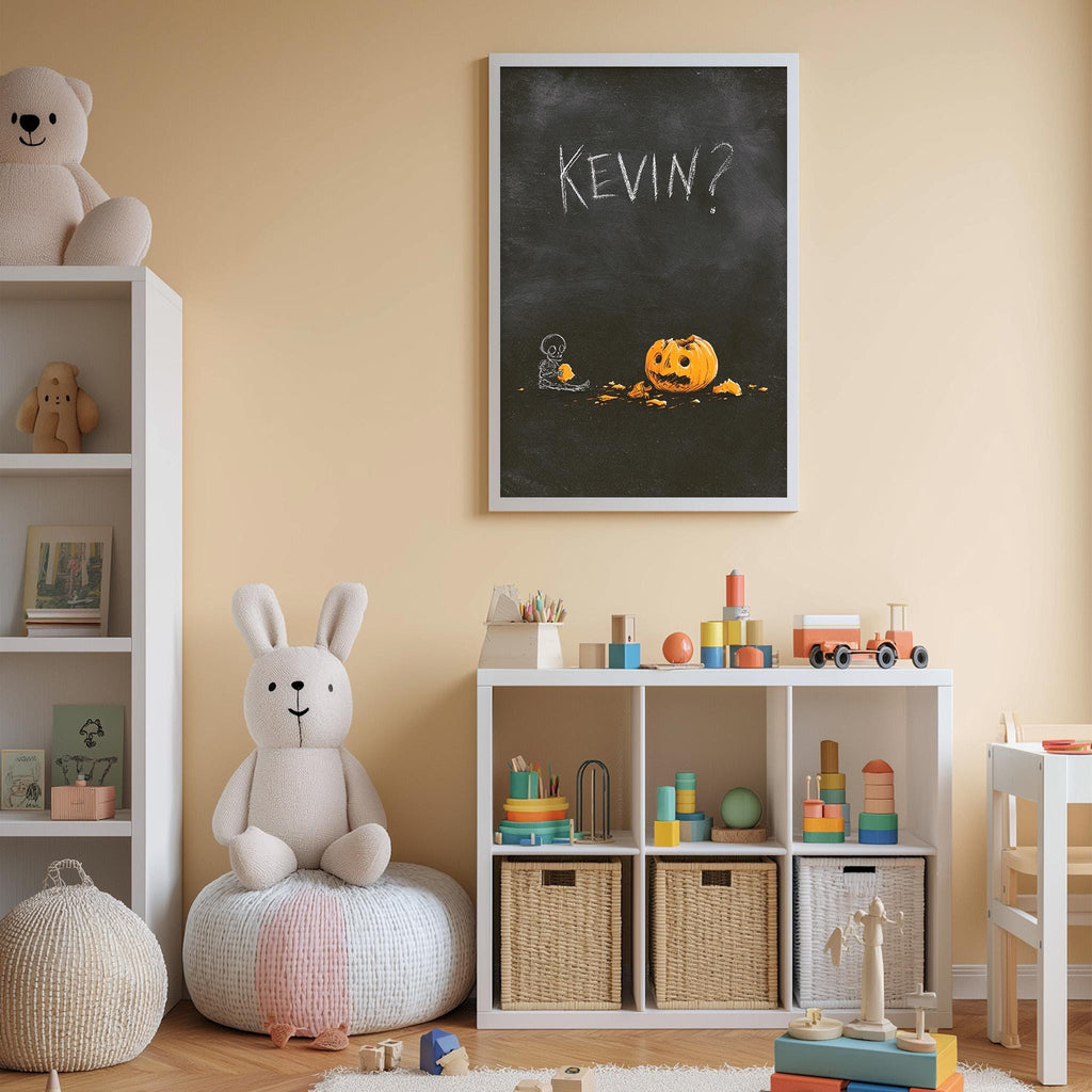 A cozy children's room with a white bookshelf, a plush rabbit, and a toy pumpkin. Above the bookshelf, there is a chalkboard with the word "KEVIN?" written on it.
