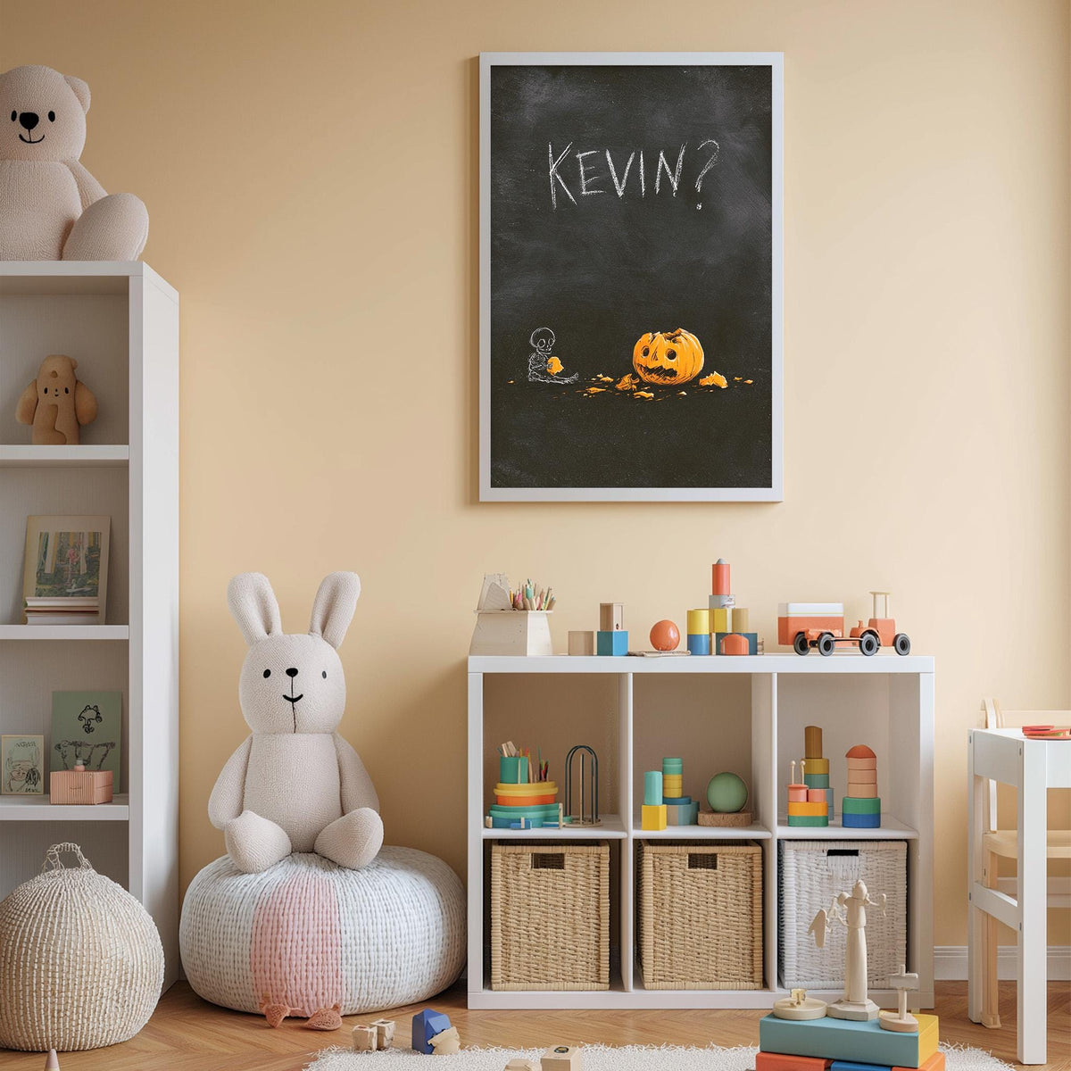 A cozy children's room with a white bookshelf, a plush rabbit, and a toy pumpkin. Above the bookshelf, there is a chalkboard with the word "KEVIN?" written on it.
