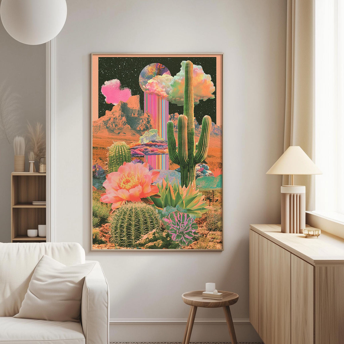 a vibrant and colorful collage of desert-themed elements, including cacti, flowers, and mountains, displayed on a wall in a living room setting.